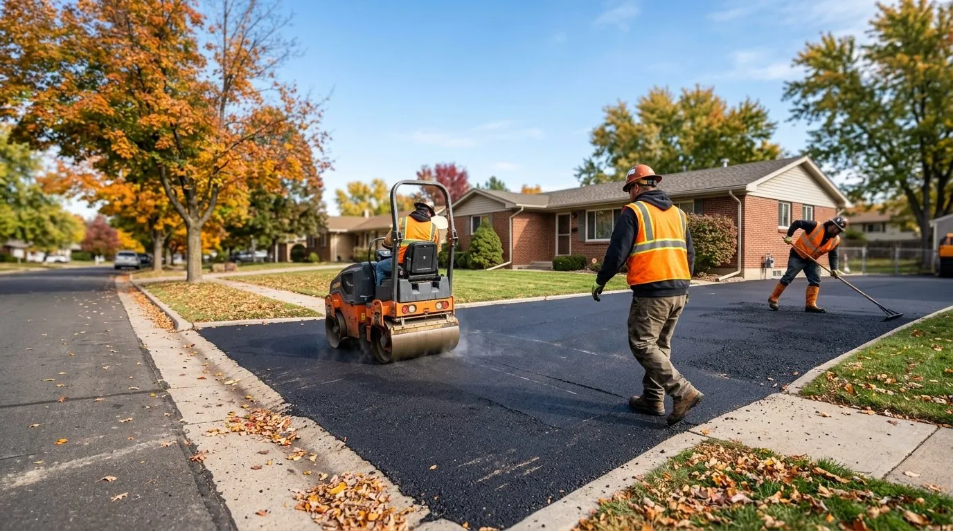 A three-man paving crew in orange high-visibility vests finishing a fresh asphalt driveway apron in front of a brick ranch house, one riding a small steel-drum roller while another rakes the edge, with autumn trees and fallen leaves along the street.